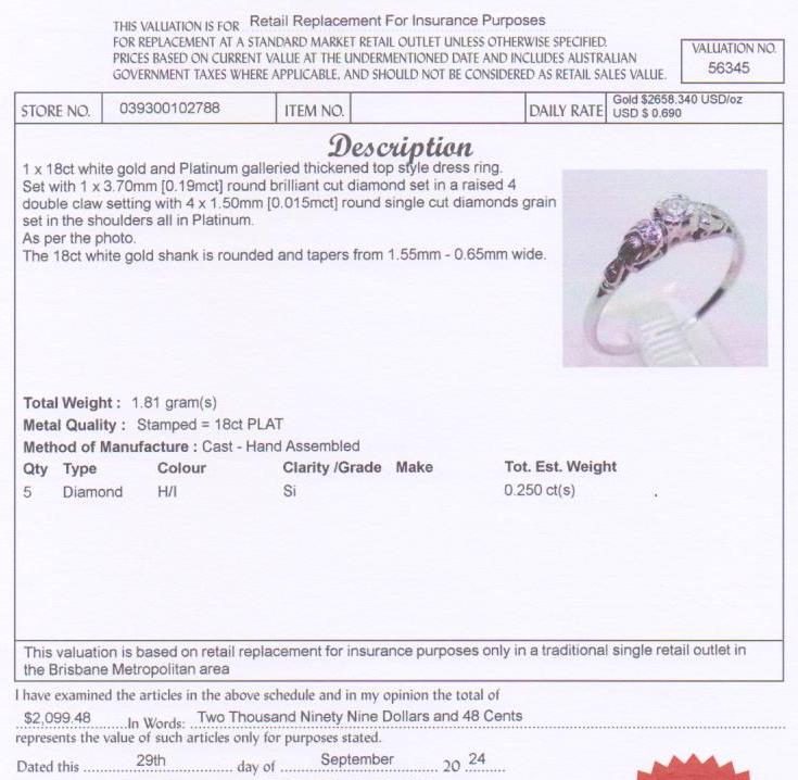 18ct WHITE GOLD & PLATINUM DIAMOND SET RING TDW 0.25cts VALUED $2,099