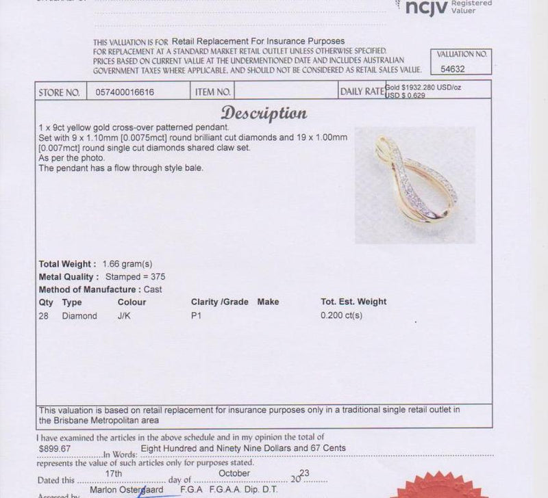 REDUCED! 9ct YELLOW GOLD AND DIAMOND PENDANT TDW 0.20cts VALUED $899