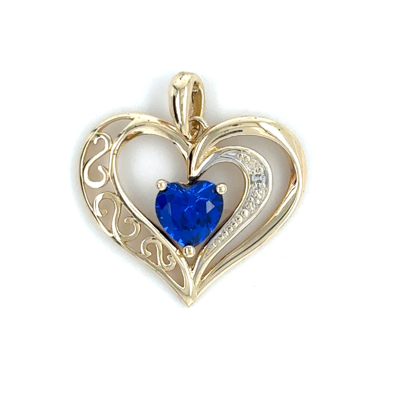 9ct YELLOW GOLD SYNTHETIC SAPPHIRE & DIAMOND SET HEART PENDANT