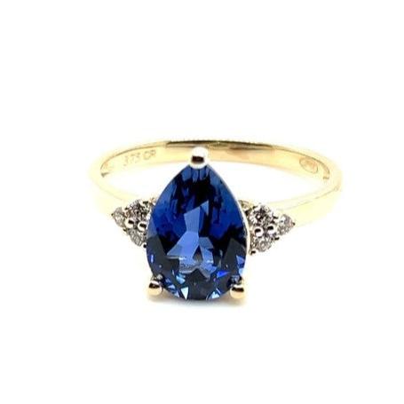 9ct YELLOW GOLD CREATED SAPPHIRE & DIAMOND DRESS RING