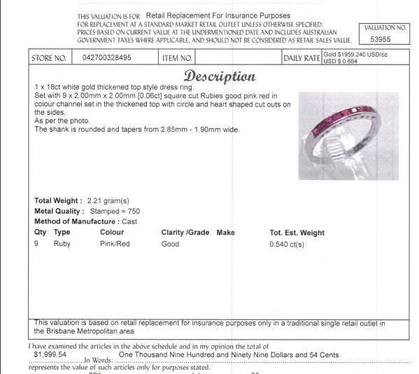 18CT WHITE GOLD CHANNEL SET PINK RUBY DRESS RING VALUED @ $1999