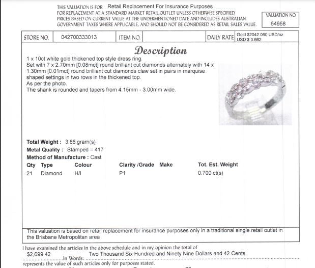 10CT WHITE GOLD DIAMOND DRESS RING VALUED @ $2699