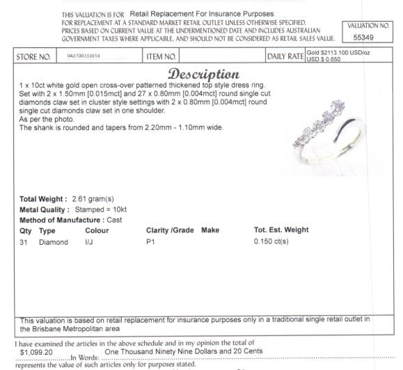 10CT WHITE GOLD OPEN CROSS OVER PATTERN DIAMOND DRESS RING VALUED @ $1099