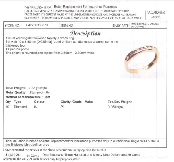 9CT YELLOW GOLD THICKENED TOP CHANNEL SET DIAMOND DRESS RING VALUED @ $1399