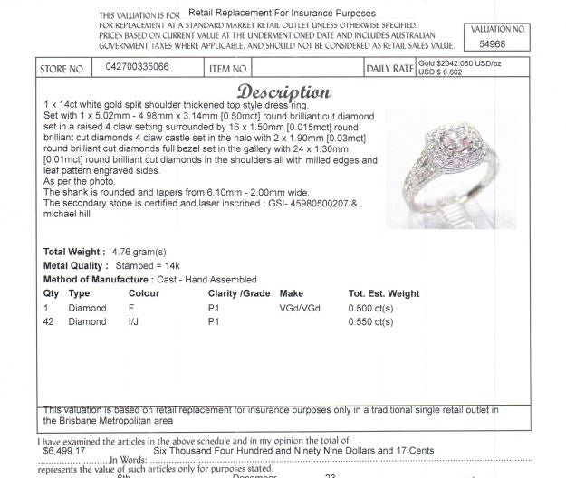 14CT WHITE GOLD SPLIT SHOULDER DIAMOND DRESS RING VALUED @ $6499