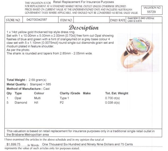 14CT YELLOW GOLD THICKENED TOP STYLE OPAL & DIAMOND DRESS RING VALUED @ $1699