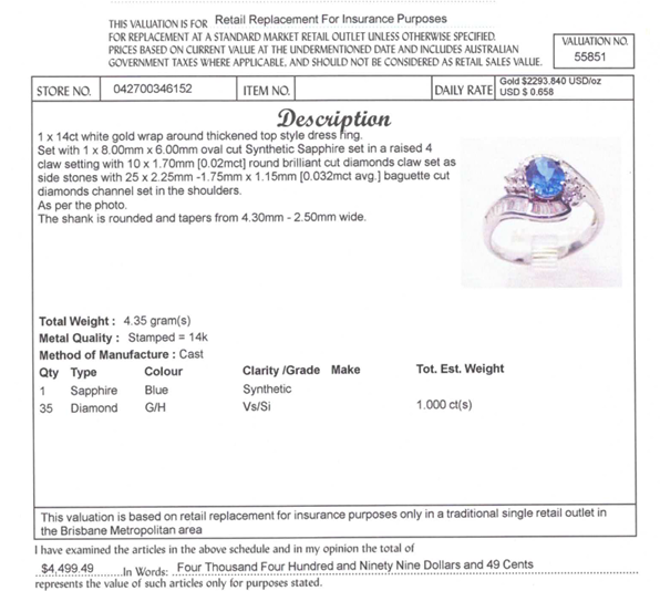 14CT WHITE GOLD SAPPHIRE & DIAMOND WRAP AROUND STYLE RING VALUED @ $4499