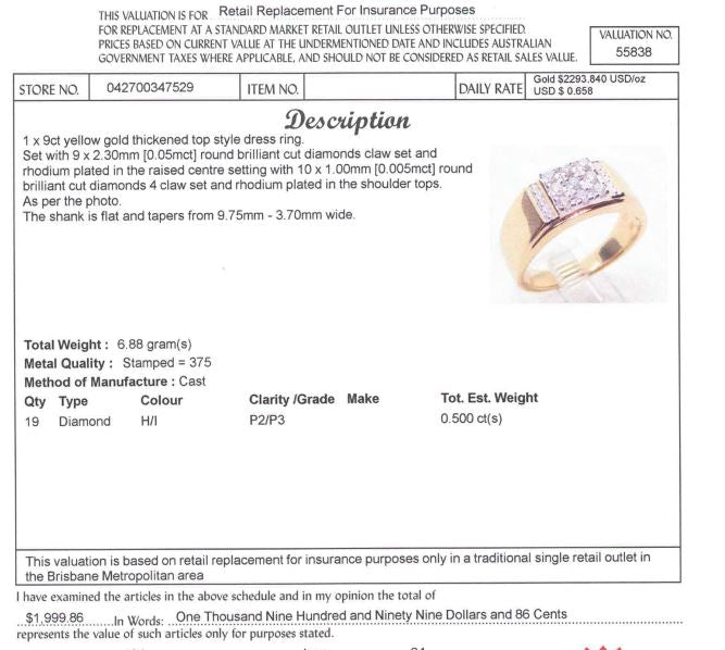 9CT YELLOW GOLD THICKENED TOP MENS DIAMOND DRESS RING VALUED @ $1999