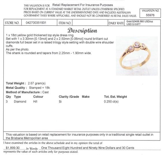 18CT YELLOW GOLD BEZEL SET DIAMONDS IN TRILOGY SETTING DRESS RING VALUED $1899