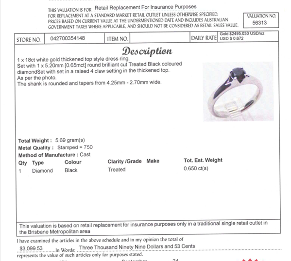 18CT WHITE GOLD THICKENED TOP TREATED BLACK DIAMOND DRESS RING VALUED @ $3099