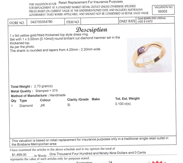 9CT YELLOW GOLD FITTED DIAMOND DRESS RING VALUED @ $1499