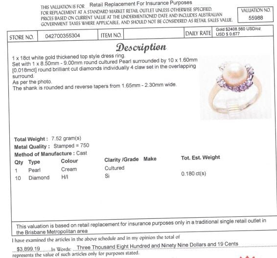 18CT WHITE GOLD CULTURED PEARL & DIAMOND DRESS RING VALUED @ $3899