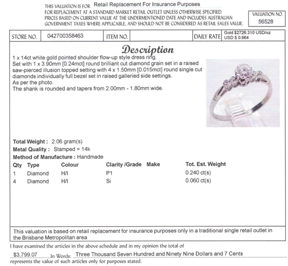 14CT WHITE GOLD POINTED SHOULDER DIAMOND DRESS RING VALUED @ $3799