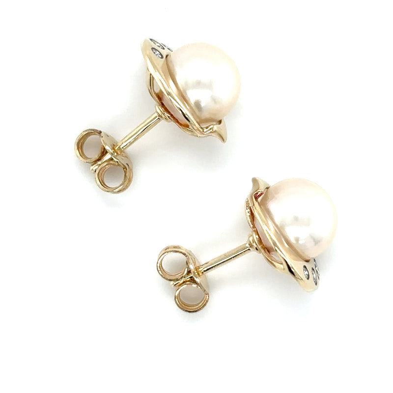 9ct YELLOW GOLD CULTURED PEARL AND DIAMOND SET STUD EARRINGS