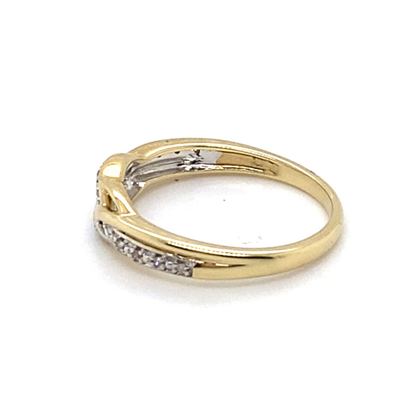 9CT YELLOW GOLD DIAMONDS SET IN CROSS OVER PATTERN DRESS RING