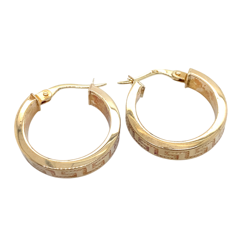 9CT YELLOW GOLD ROUND HOOP EARRING WITH GREEK KEY DESIGN