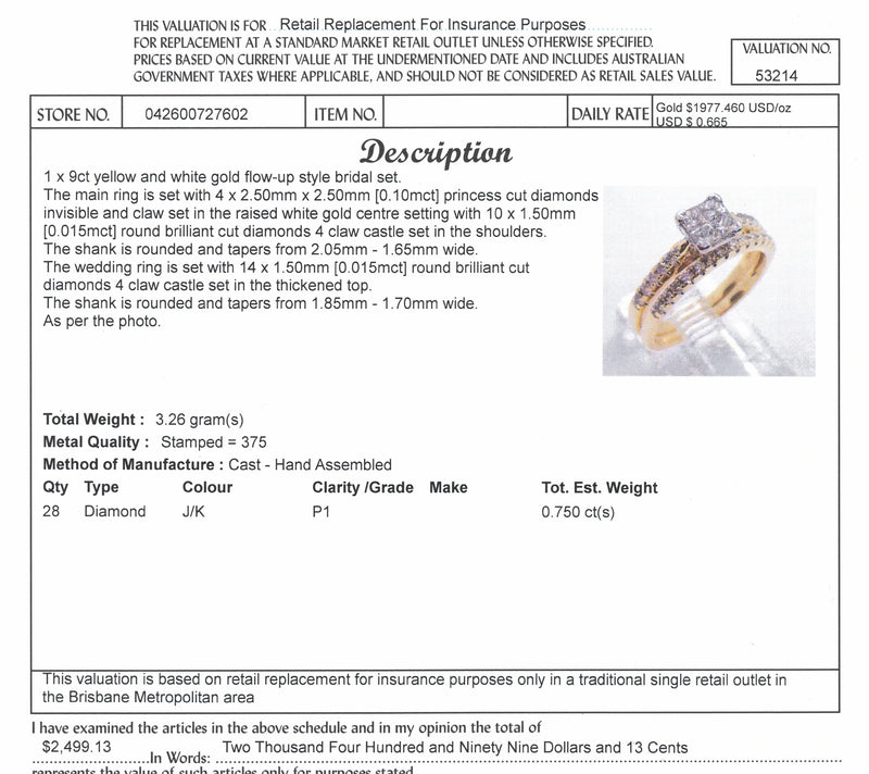 9ct YELLOW GOLD DIAMOND BRIDAL SET TDW: 0.75ct VAL: $2499