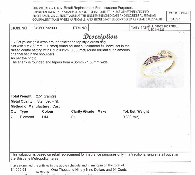 9CT YELLOW GOLD DIAMOND DRESS RING TDW: 0.300cts VALUED:$1099