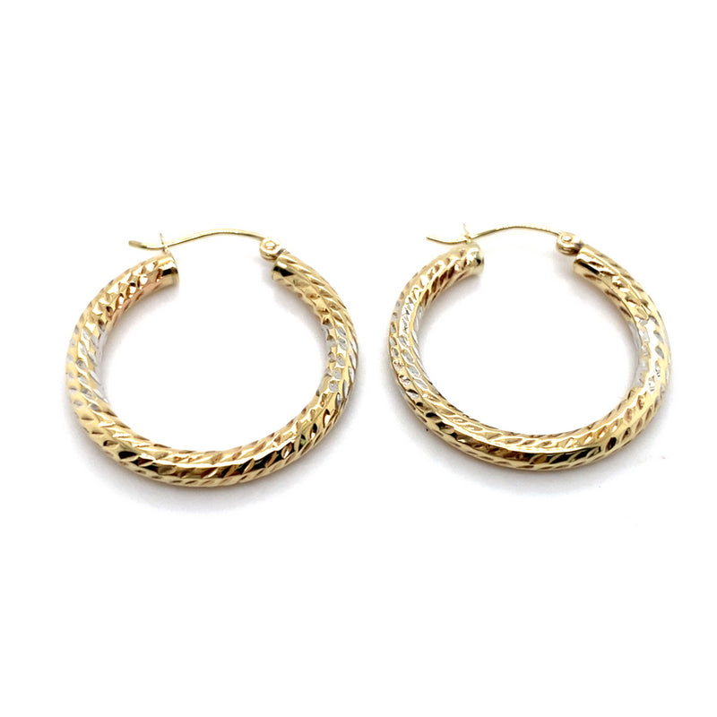 9CT YELLOW & WHITE GOLD ROUND PATTERNED HOOP EARRINGS TW 1.5