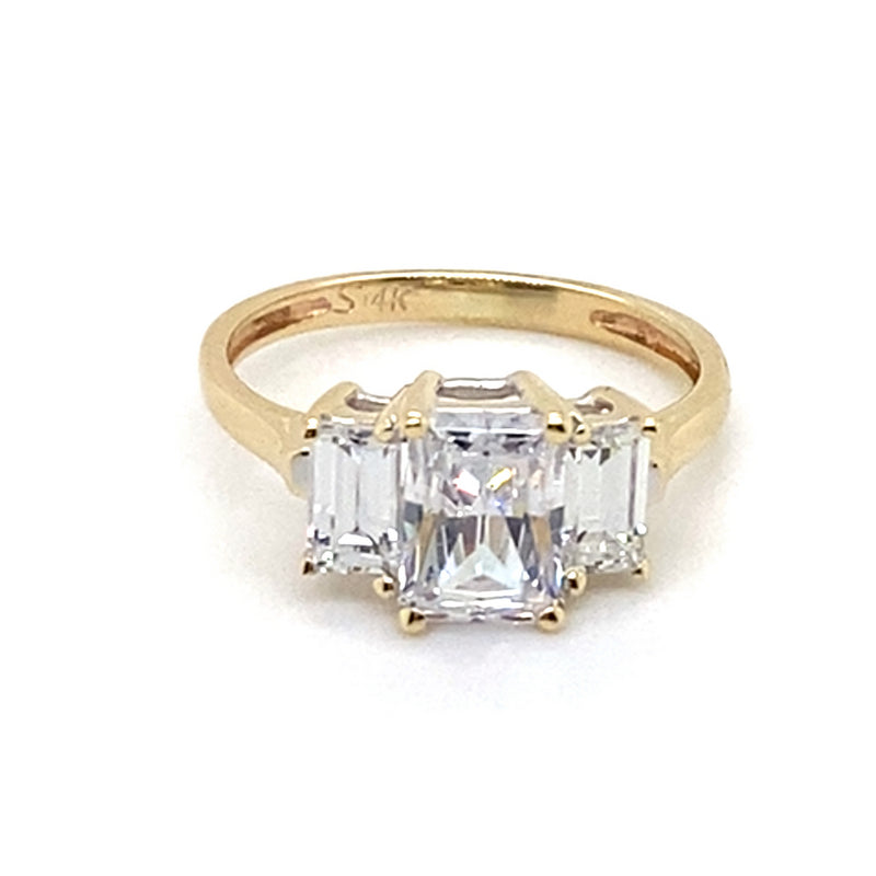 14CT YELLOW GOLD CUBIC ZIRCONIAS SET IN RAISED TRILOGY STYLE DRESS RING