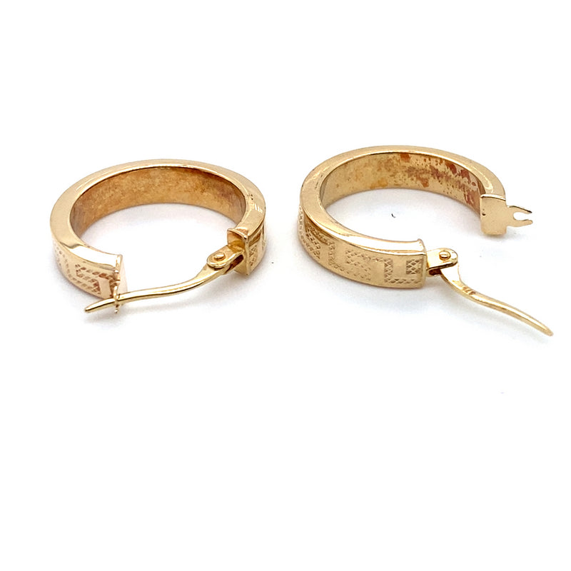 9CT YELLOW GOLD ROUND HOOP EARRING WITH GREEK KEY DESIGN