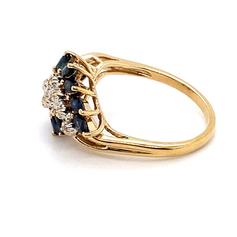 9CT YELLOW GOLD MARQUISE CUT SAPPHIRES & DIAMOND DRESS RING