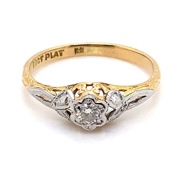 18CT YELLOW GOLD & PLATINUM FILIGREE ANTIQUE DRESS RING VALUED @ $1599