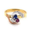 18CT YELLOW, WHITE, ROSE GOLD RUBY,SAPPHIRE,DIAMOND DRESS RING VALUED @ $3999