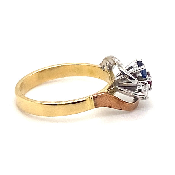 18CT YELLOW, WHITE, ROSE GOLD RUBY,SAPPHIRE,DIAMOND DRESS RING VALUED @ $3999