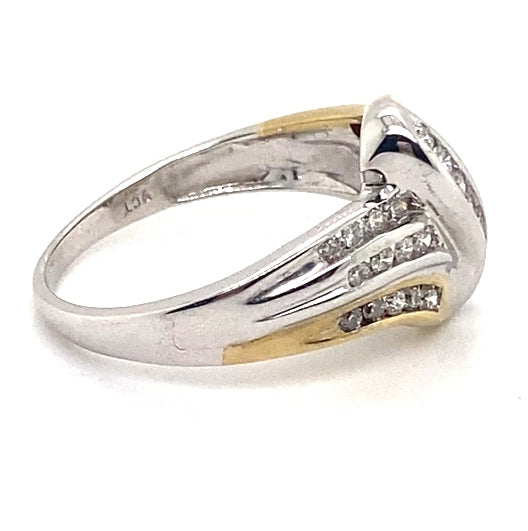 9CT YELLOW & WHITE GOLD CROSS OVER PATTERN DIAMOND DRESS RING VALUED @ $2299