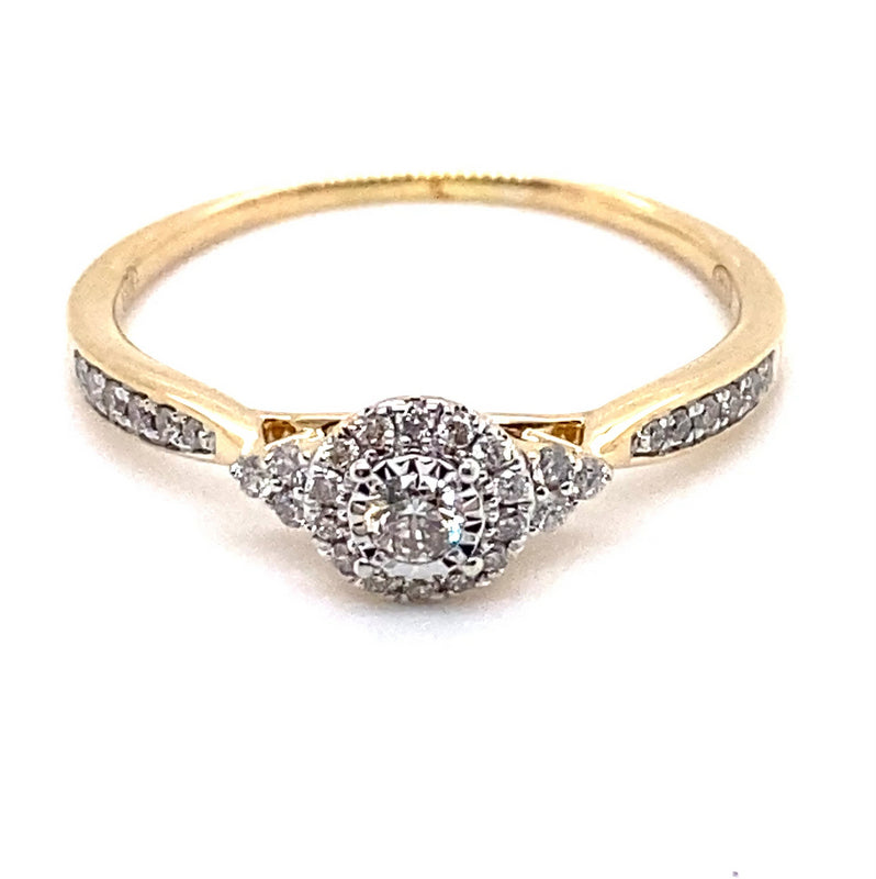 9CT YELLOW GOLD DIAMONDS SET IN RAISED CLUSTER DRESS RING