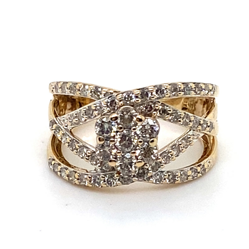 9CT YELLOW GOLD CROSS OVER PATTERN DIAMOND DRESS RING VALUED @ $2999