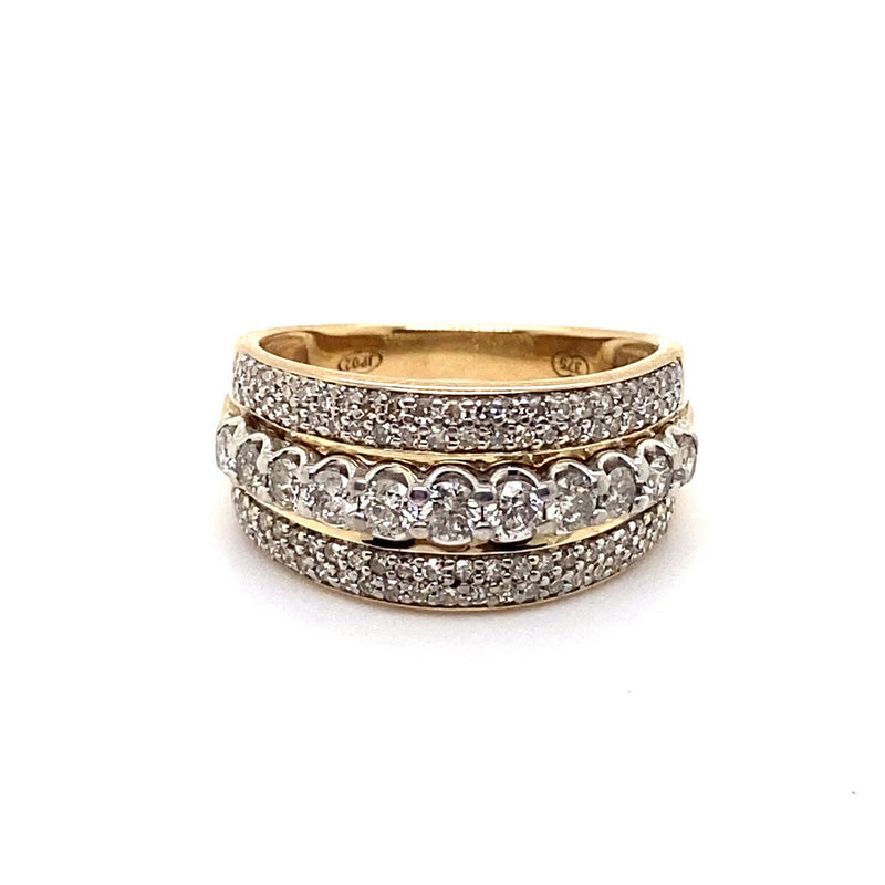 9CT YELLOW & WHITE GOLD THICKENED TOP DIAMOND DRESS RING VALUED @ $2099