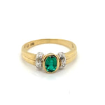 9CT YELLOW GOLD BEZEL SET OVAL SYNTHETIC EMERALD & DIAMOND DRESS RING