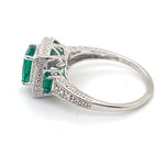 9CT WHITE GOLD SYNTHETIC EMERALD SURROUNDED BY DIAMONDS DRESS RING