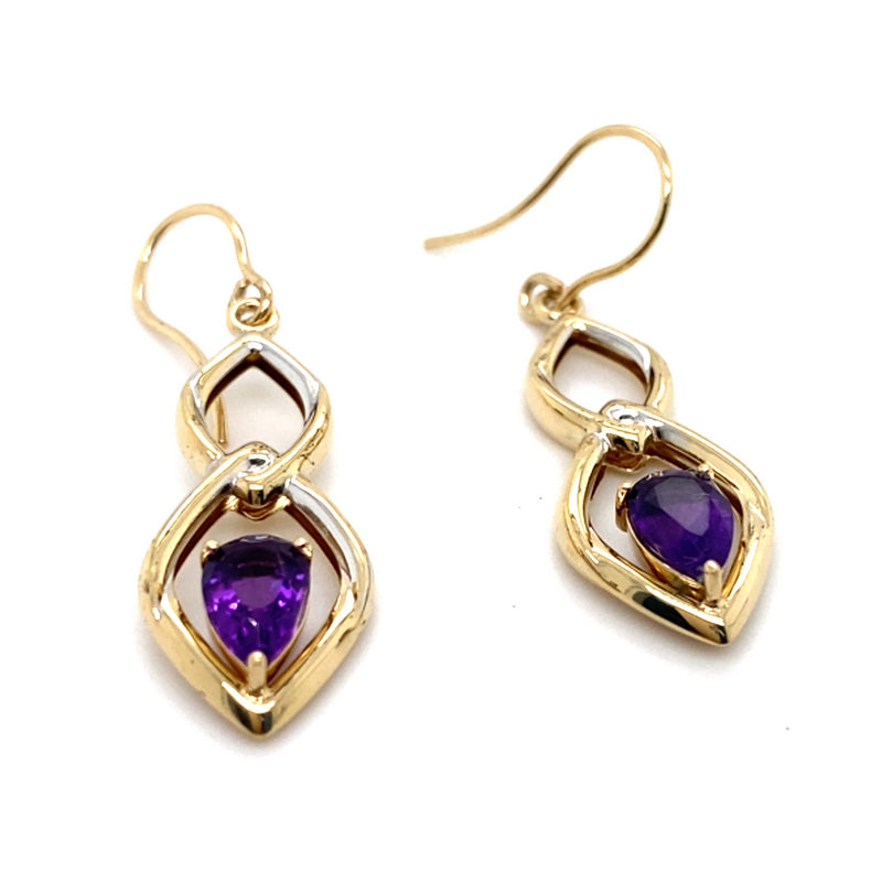 9CT YELLOW GOLD CLAW SET AMETHYST IN DROP STYLE EARRINGS