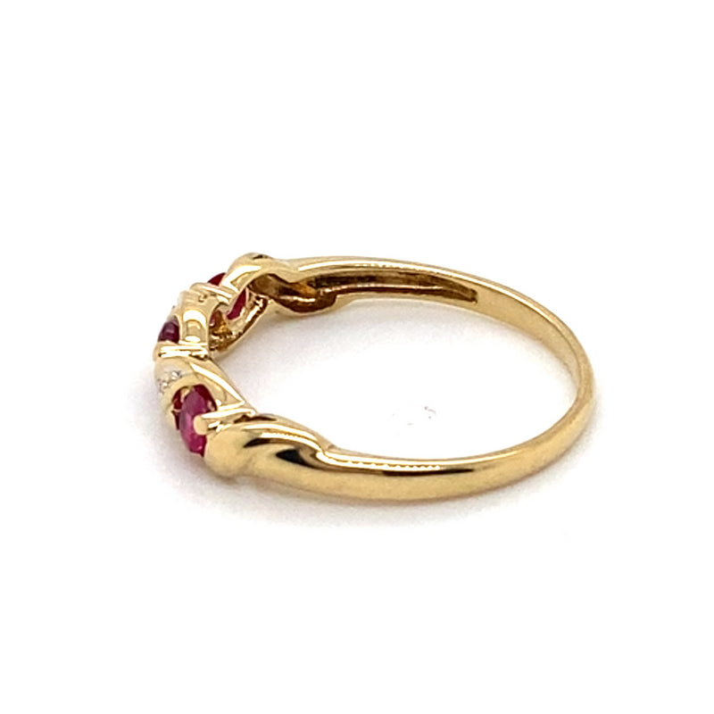 9CT YELLOW GOLD SYNTHETIC RUBIES & DIAMOND CROSS OVER PATTERN DRESS RING