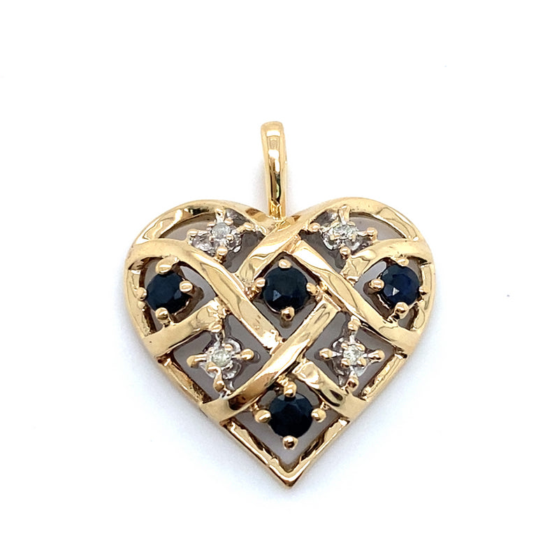 9CT YELLOW GOLD SAPPHIRES & DIAMONDS SET IN HEART SHAPED PENDANT