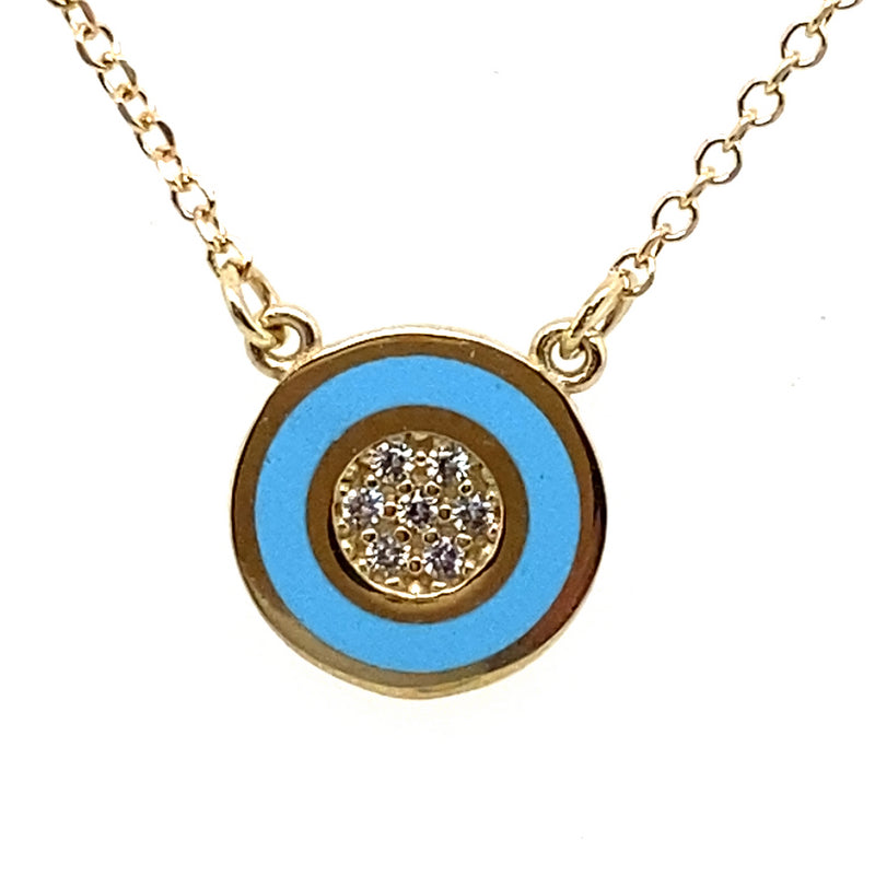 14CT YELLOW GOLD CUBIC ZIRCONIAS & BLUE ENAMEL PENDANT ON 48CM CABLE LINK CHAIN