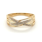 9CT YELLOW GOLD DIAMONDS SET IN CROSS OVER PATTERN DRESS RING