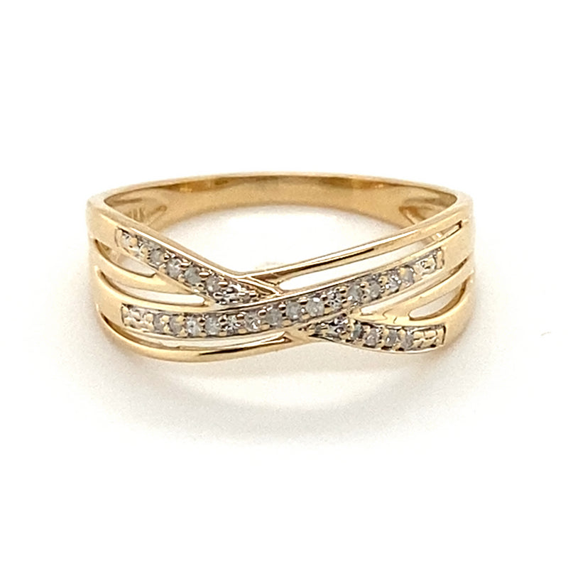 9CT YELLOW GOLD DIAMONDS SET IN CROSS OVER PATTERN DRESS RING