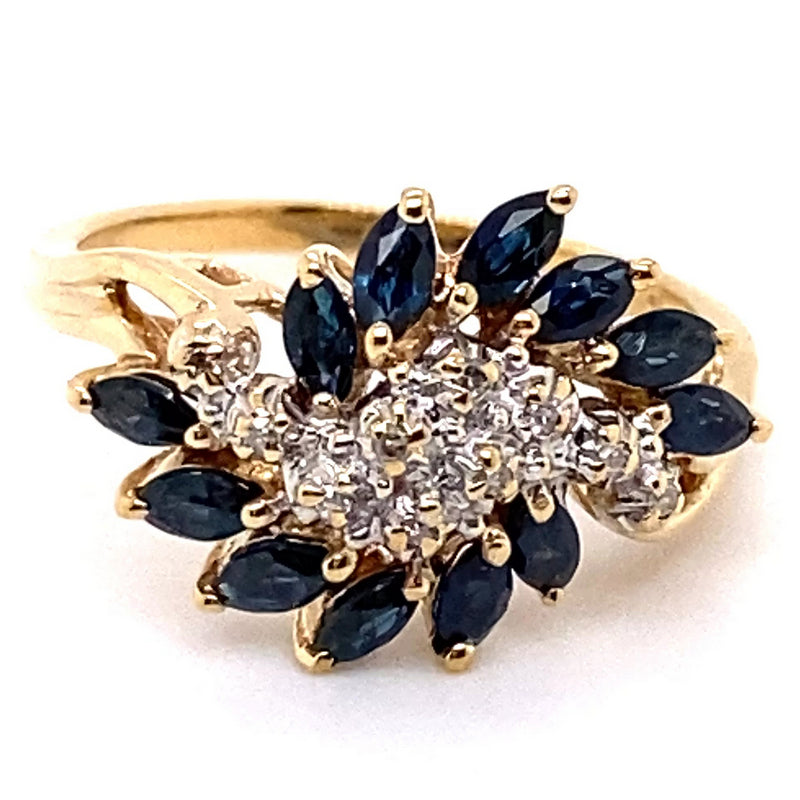 9CT YELLOW GOLD MARQUISE CUT SAPPHIRES & DIAMOND DRESS RING