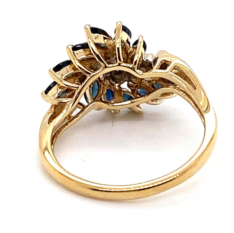 9CT YELLOW GOLD MARQUISE CUT SAPPHIRES & DIAMOND DRESS RING