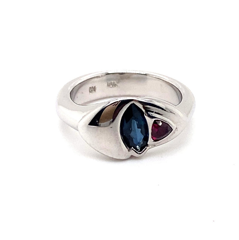 18CT WHITE GOLD THICKENED TOP RUBY & SAPPHIRE DRESS RING VALUED @ $4999