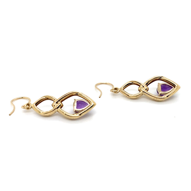 9CT YELLOW GOLD CLAW SET AMETHYST IN DROP STYLE EARRINGS