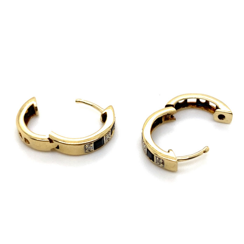 10CT YELLOW GOLD DIAMONDS & SAPPHIRES SET IN FRONT OF SMALL HOOP EARRINGS