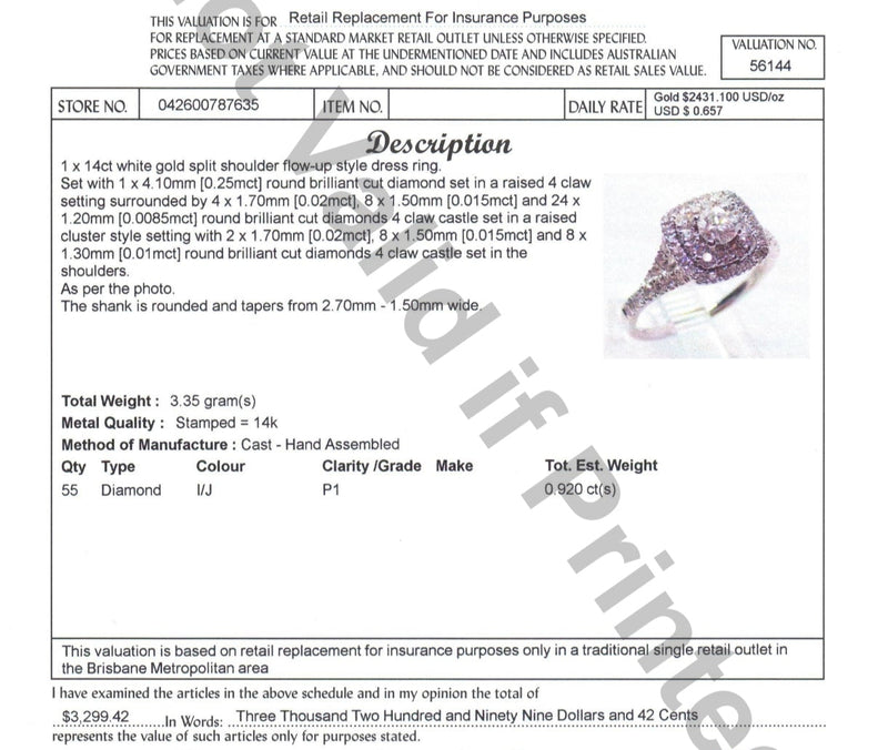 14ct WHITE GOLD DIAMOND DRESS RING TDW: 0.92ct VAL $3299