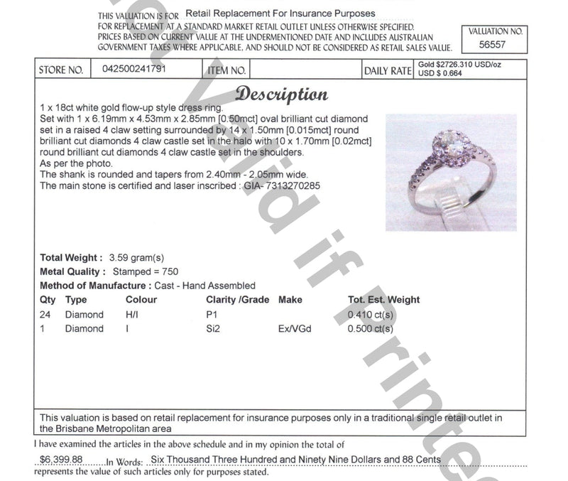 18ct WHITE GOLD DIAMOND OVAL HALO RING TDW: 0.94ct VAL $6399