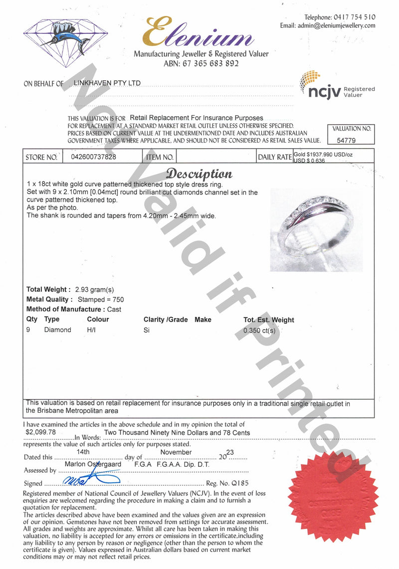 18ct WHITE GOLD DIAMOND CURVED BAND TDW 0.35ct VAL $2099