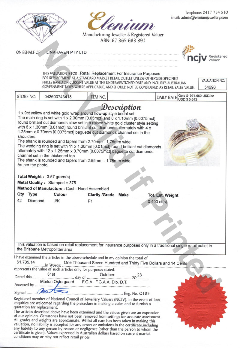 REDUCED! 9ct GOLD DIAMOND BRIDAL SET TDW 0.40ct VAL $1735